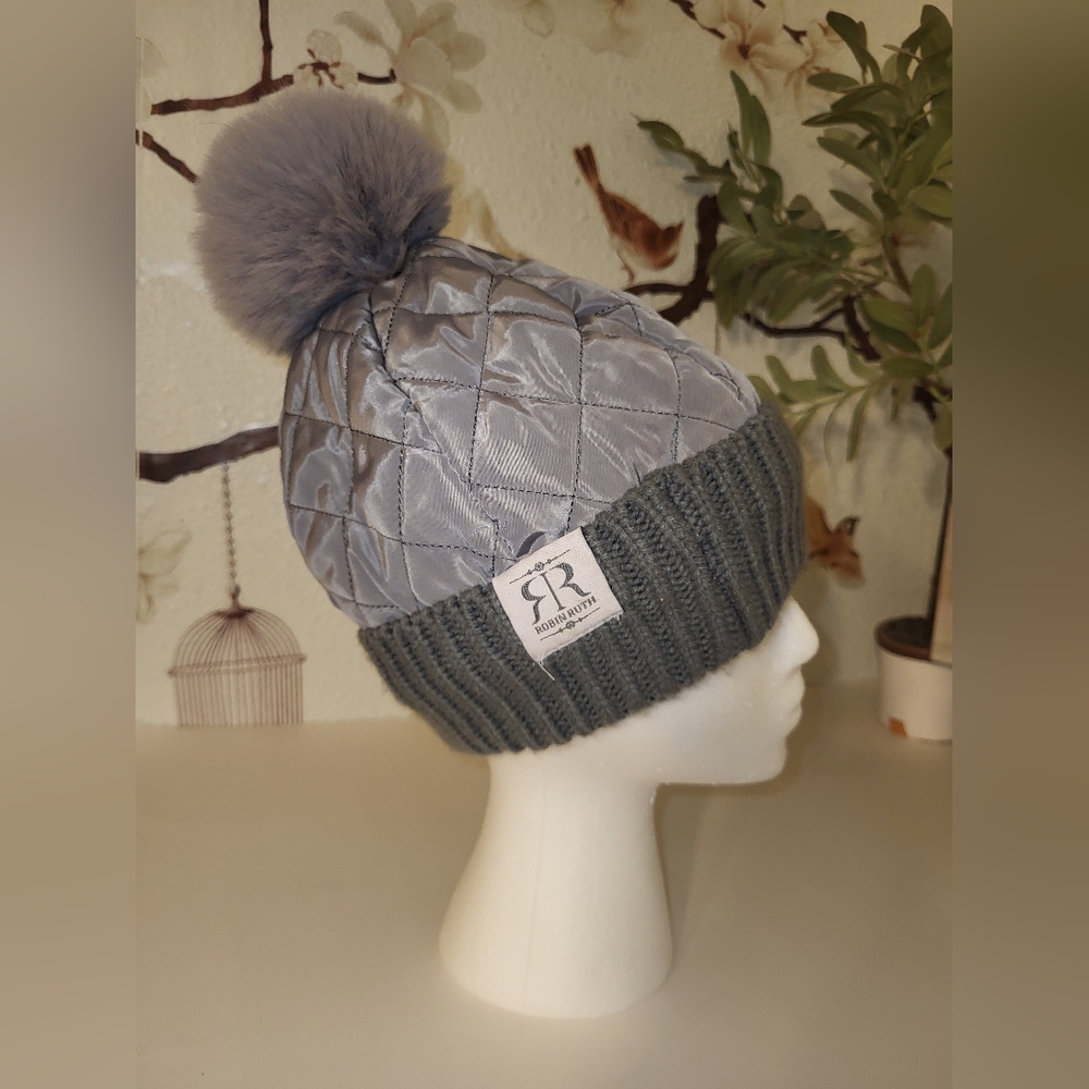 Robin Ruth Winter Puffer Beanie Hat with Pom Pom Gray Unisex